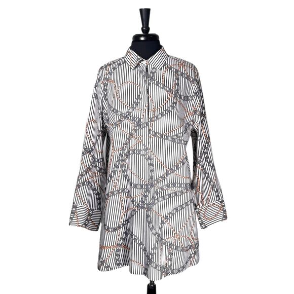 Chicos Womens Shirt 3 XL Navy White Chain Rope Stripe Tunic Stretch Button Top - Picture 1 of 10